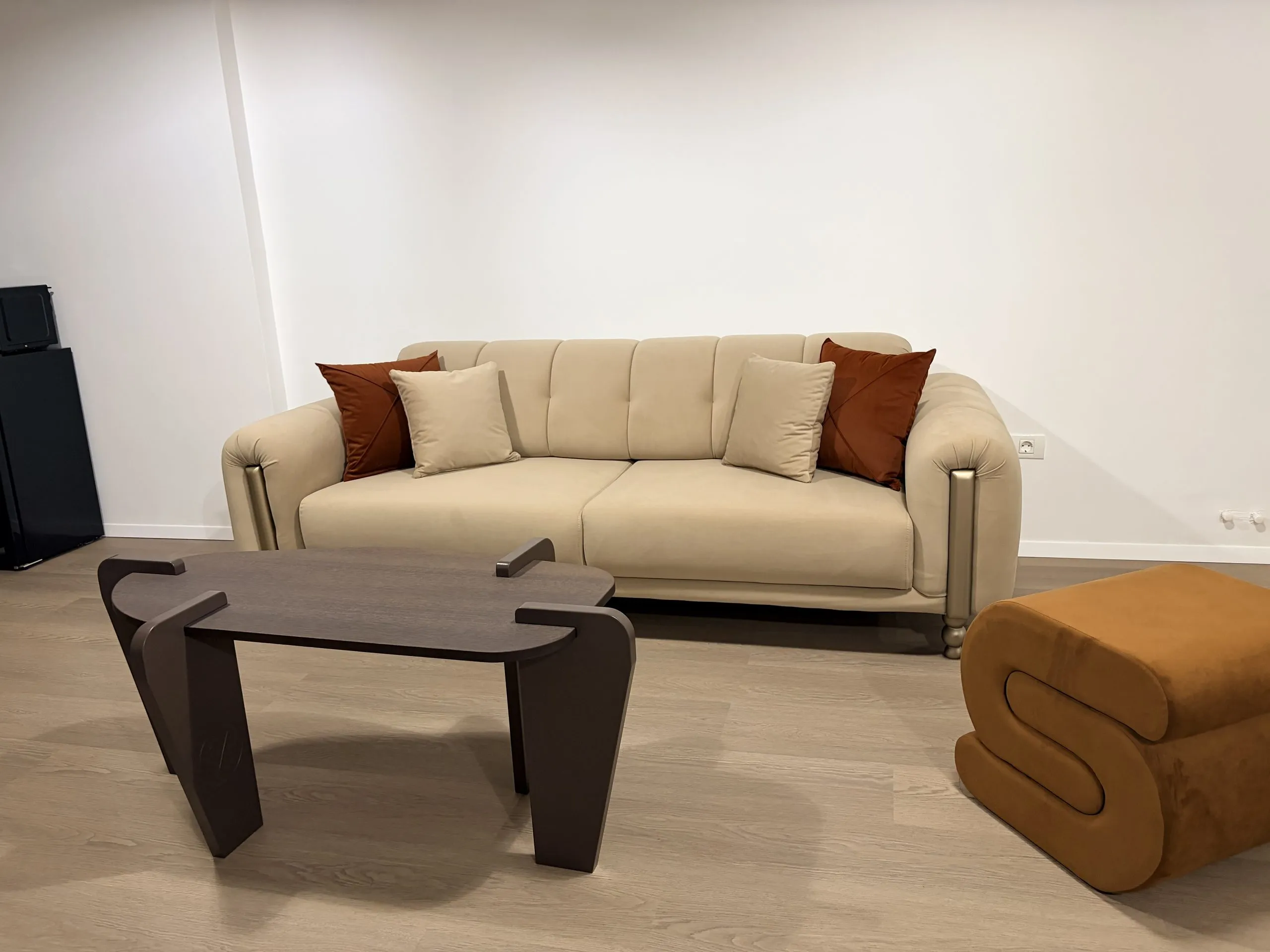 Cream sofa dressed with terracotta cushions, a sculptural dark coffee table and a tan ottoman
