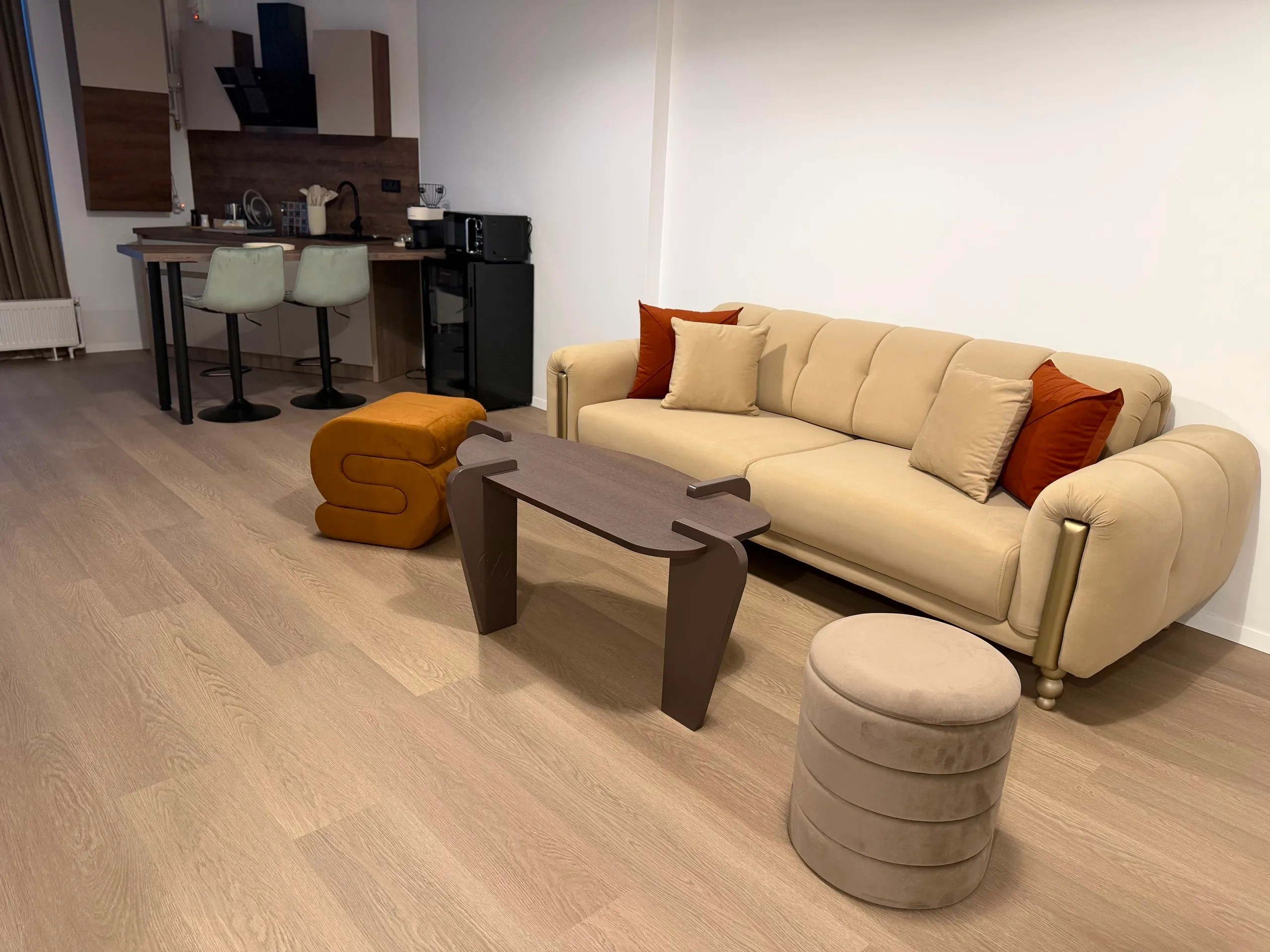 Open-plan view across the living area toward the kitchenette